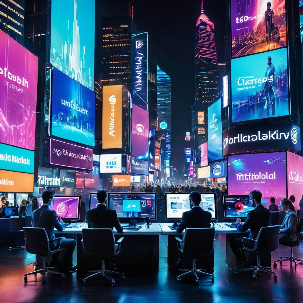 A dynamic, futuristic cityscape showcasing various digital marketing strategies in action, with illuminated billboards displaying innovative brand logos. In the foreground, a diverse group of professionals collaborate, using digital devices while analyzing market trends on holographic screens. The atmosphere is vibrant, symbolizing growth and transformation in the digital market. super-realistic. vibrant colors. cyberpunk.