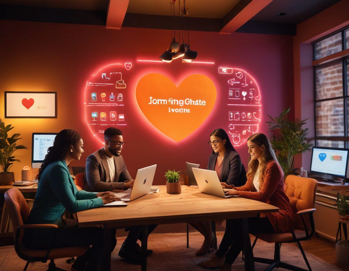 A vibrant scene showcasing diverse entrepreneurs collaborating in a cozy workspace, immersed in creating romantic connections through technology. Include laptops, heart-shaped icons, and a warm, inviting atmosphere with soft lighting. Add elements of success like charts and growth symbols in the background. super-realistic. vibrant colors. cozy setting.