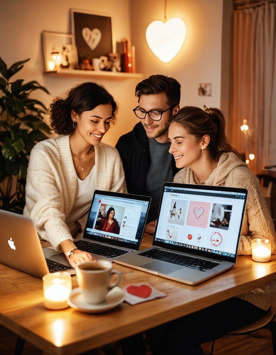 A cozy, inviting workspace featuring a couple collaborating on a laptop, surrounded by elements of love and connection such as heart-shaped decor, soft lighting, and warm colors. Include visuals of e-commerce metrics and romantic symbols, blending technology with emotion. Highlight a sense of teamwork and romance in the air. super-realistic. warm colors. cozy atmosphere.